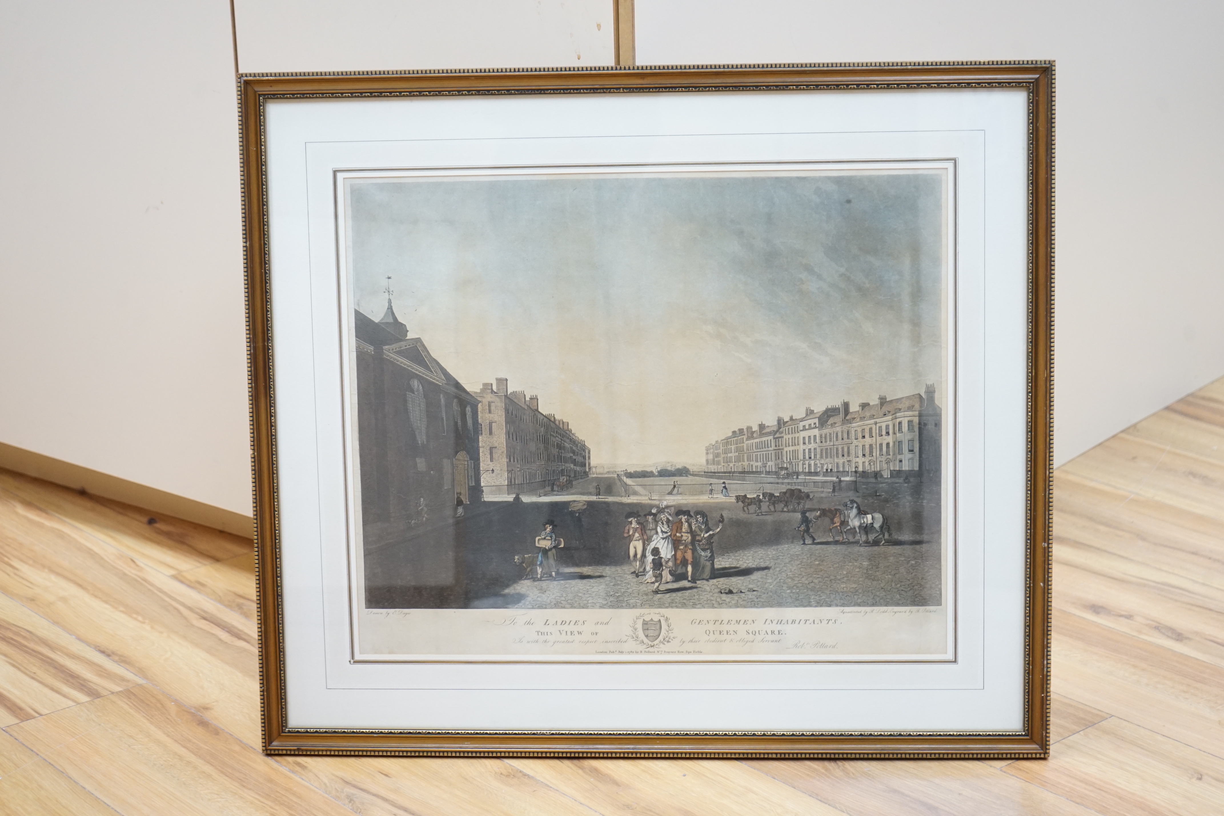 After Edward Dayes (1763–1804), aquatint and engraving, View of Queen Square, published 1st July 1789 by R. Pollard, London, Gallery label verso, 44 x 53cm